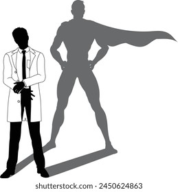 A superhero male scientist, engineer, doctor or teacher in a lab white coat man. Revealed by his shadow silhouette as a super hero in a cape.