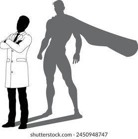 A superhero male scientist, engineer, doctor or teacher in a lab white coat man. Revealed by his shadow silhouette as a super hero in a cape.