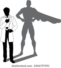 A superhero male scientist, engineer, doctor or teacher in a lab white coat man. Revealed by his shadow silhouette as a super hero in a cape.