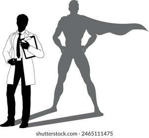 A superhero male scientist, engineer, doctor or teacher in a lab white coat man. Revealed by his shadow silhouette as a super hero in a cape.