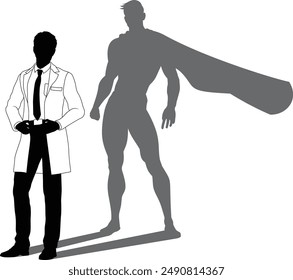 A superhero male scientist, engineer, doctor or teacher in a lab white coat man. Revealed by his shadow silhouette as a super hero in a cape.