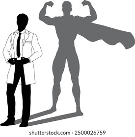 A superhero male scientist, engineer, doctor or teacher in a lab white coat man. Revealed by his shadow silhouette as a super hero in a cape.