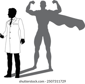 A superhero male scientist, engineer, doctor or teacher in a lab white coat man. Revealed by his shadow silhouette as a super hero in a cape.