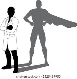 A superhero male scientist, engineer, doctor or teacher in a lab white coat man. Revealed by his shadow silhouette as a super hero in a cape.