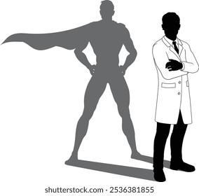 A superhero male scientist, engineer, doctor or teacher in a lab white coat man. Revealed by his shadow silhouette as a super hero in a cape.