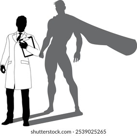 A superhero male scientist, engineer, doctor or teacher in a lab white coat man. Revealed by his shadow silhouette as a super hero in a cape.