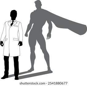 A superhero male scientist, engineer, doctor or teacher in a lab white coat man. Revealed by his shadow silhouette as a super hero in a cape.