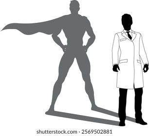 A superhero male scientist, engineer, doctor or teacher in a lab white coat man. Revealed by his shadow silhouette as a super hero in a cape.