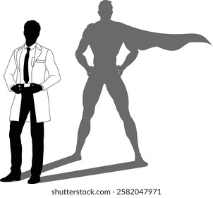 A superhero male scientist, engineer, doctor or teacher in a lab white coat man. Revealed by his shadow silhouette as a super hero in a cape.