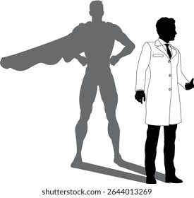 Um super-herói cientista, engenheiro, médico ou professor em um homem de jaleco branco. Revelado por sua silhueta de sombra como um super-herói em uma capa.