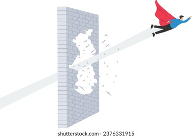 Superhero man breaking through a brick wall. Superhero takes his way through a brick wall

