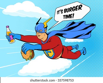 Superhero man with burger cartoon pop art retro style vector illustration. Comic book style imitation