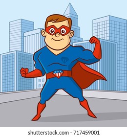 Superhero man Cartoon character in the city Vector illustration