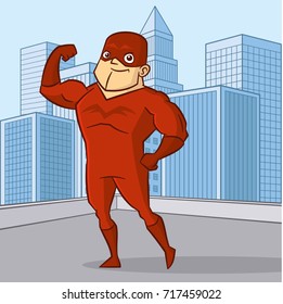 Superhero man Cartoon character in the city Vector illustration