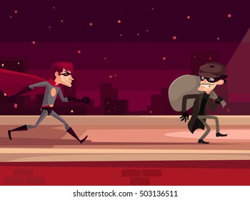 Superhero man character catches thief character. Vector flat cartoon illustration