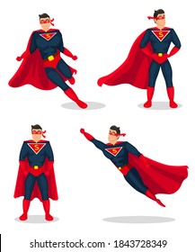 Superhero man characters set. Set of Superhero character icons of various poses with a red cape. Superhero icon which action posing character in mantle. Vector illustration