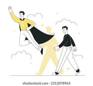 Superhero man concept. Young guy in raincoat flies above ground. Metaphor of successful businessman, entrepreneur or investor. Power and energy, self confidence. Linear flat vector illustration