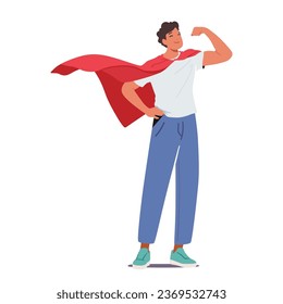 Superhero Man Demonstrate Power, Abilities, And Determination. Courageously Fights For Justice, Saves Lives, And Inspires Others With Strength And Resilience. Cartoon People Vector Illustration