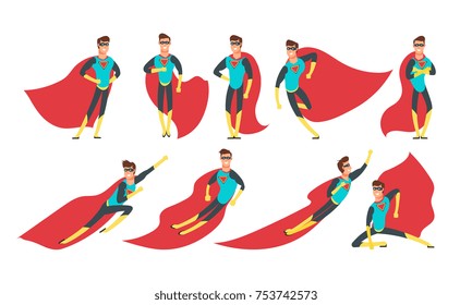 Superhero man in different poses. Cartoon superheroes vector comic characters set. Power character male, superhero cartoon man illustration