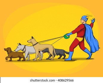 Superhero man and dogs cartoon pop art vector illustration. Human illustration. Comic book style imitation. Vintage retro style. Conceptual illustration