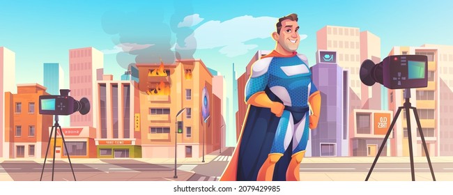 Superhero man giving interview on video camera at cityscape with burning building. Comic super hero character wear costume and cape, rescuer, city defender personage, Cartoon vector illustration