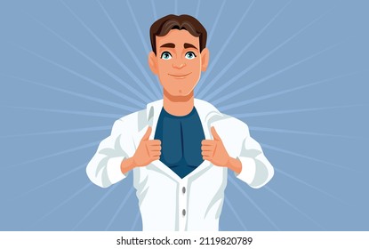 
Superhero Man Opening His Shirt Vector Cartoon Illustration. Super Businessman Hiding Secret Identity As A Brave Hero
