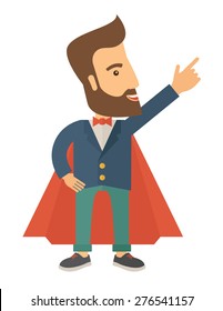 Superhero man pointing upward aiming higher sales in business. Business growth. A Contemporary style. Vector flat design illustration isolated white background. Vertical layout.