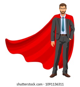Superhero man in red cape, male hero, businessman superhero. Bearded guy in business suit with tie and glasses. Success concept. Vector, 10 eps