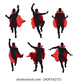 Superhero man in red cloak. Cartoon muscular male characters in disguise costumes with capes, flying and fighting. Vector isolated set