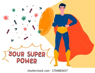 Superhero man with shield, red cloak, protect from virus, coronavirus, bacteria, concept flat vector illustration. Your super power design banner, help immune system, strong immunity, perfect health.