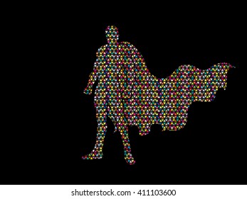 Superhero Man standing designed using colorful mosaic graphic vector.