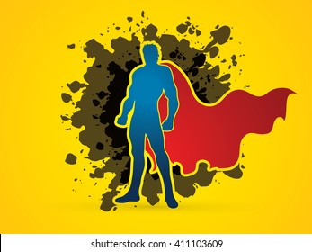 Superhero Man standing on grunge splash ink background graphic vector.