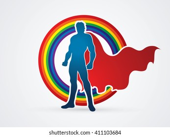 Superhero Man standing on rainbows background graphic vector.