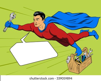 Superhero man with tool box comic book pop art retro style vector illustration. Comic book imitation