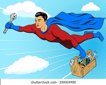 Superhero man with tool box comic book pop art retro style vector illustration. Comic book imitation