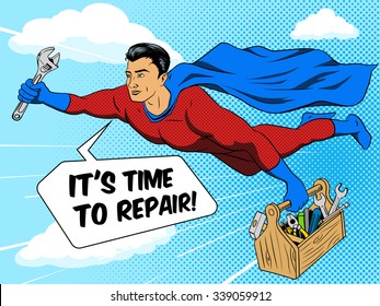 Superhero Man With Tool Box Comic Book Pop Art Retro Style Vector Illustration. Comic Book Imitation