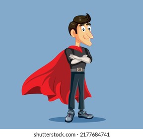 
Superhero Man Wearing A Red Cape Vector Cartoon Character. Brave Masculine Role Model Standing With Arms Crossed
