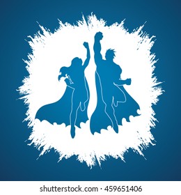 Superhero Man and Woman jumping designed on grunge frame background graphic vector.