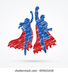 Superhero Man and Woman jumping designed using grunge brush graphic vector.