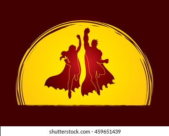 Superhero Man and Woman jumping designed on moonlight background graphic vector.