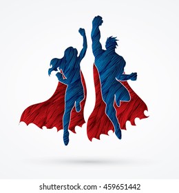 Superhero Man and Woman jumping designed using grunge brush graphic vector.