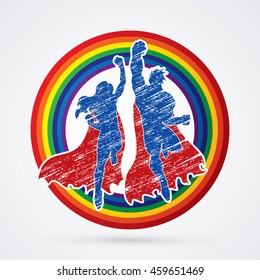 Superhero Man and Woman jumping designed on line rainbows background graphic vector.