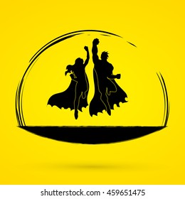 Superhero Man and Woman jumping graphic vector.