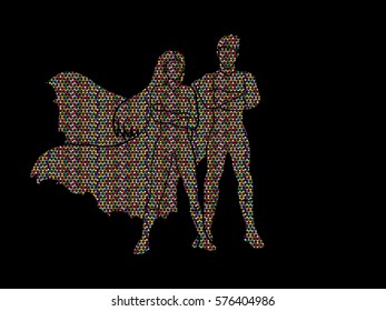 Superhero Man and Woman standing arms across the chest designed using mosaic pattern graphic vector.
