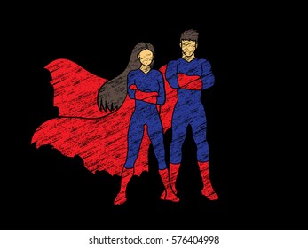 Superhero Man and Woman standing arms across the chest designed using grunge brush graphic vector.