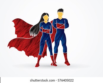 Superhero Man and Woman standing arms across the chest designed using grunge brush graphic vector.