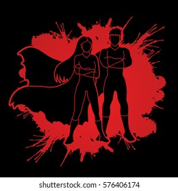 Superhero Man and Woman standing arms across the chest designed on splash ink background graphic vector