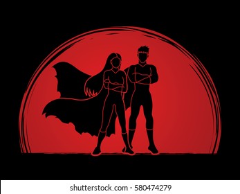 Superhero Man and Woman standing arms across the chest designed on sunlight background graphic vector.