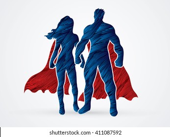 Superhero Man and Woman standing designed using red and blue grunge brush graphic vector.