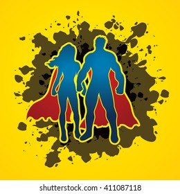 Superhero Man and Woman standing on splash ink background graphic vector.